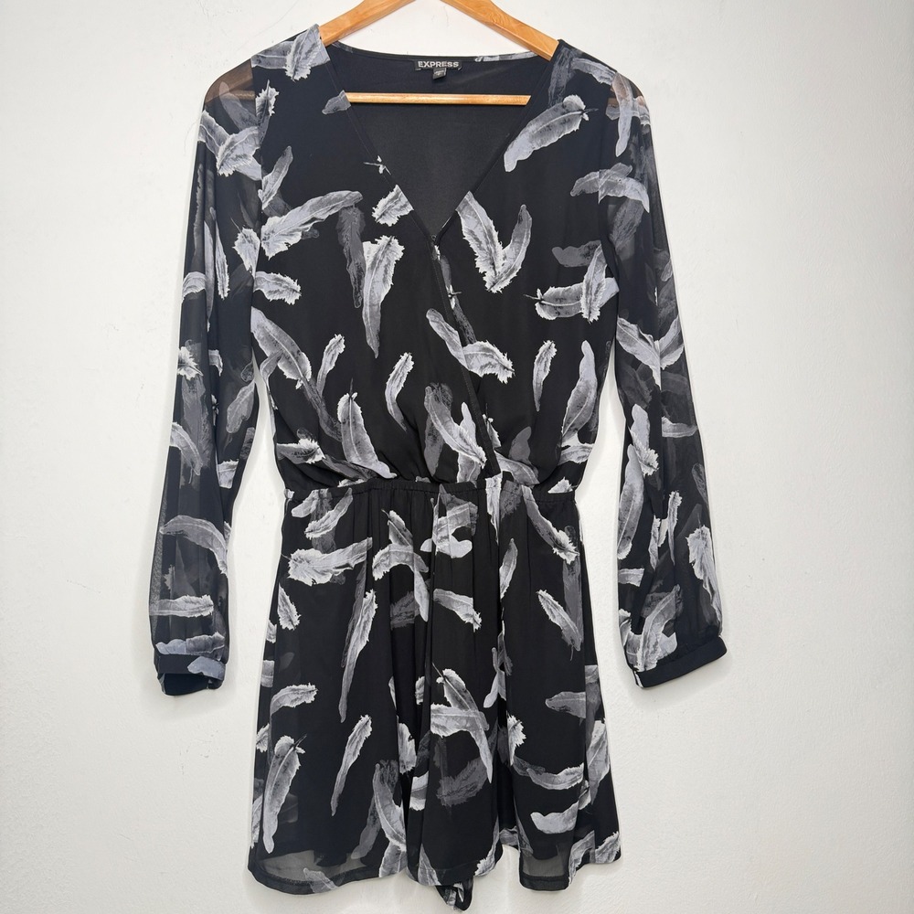 Express Women Romper Long Sleeve Small Black‎ Feather Print Sheer Wrap Boho Chic